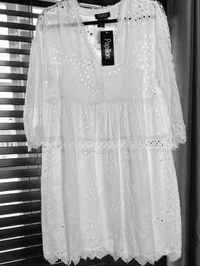 Sz XL⭐️NWT Papillon Blanc White Lined Embroidered Eyelet Dress PTP 21”